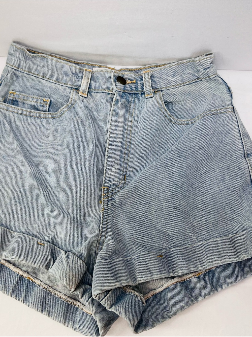 American Apparel Light Blue High-Waist Rolled Cuff Denim Shorts